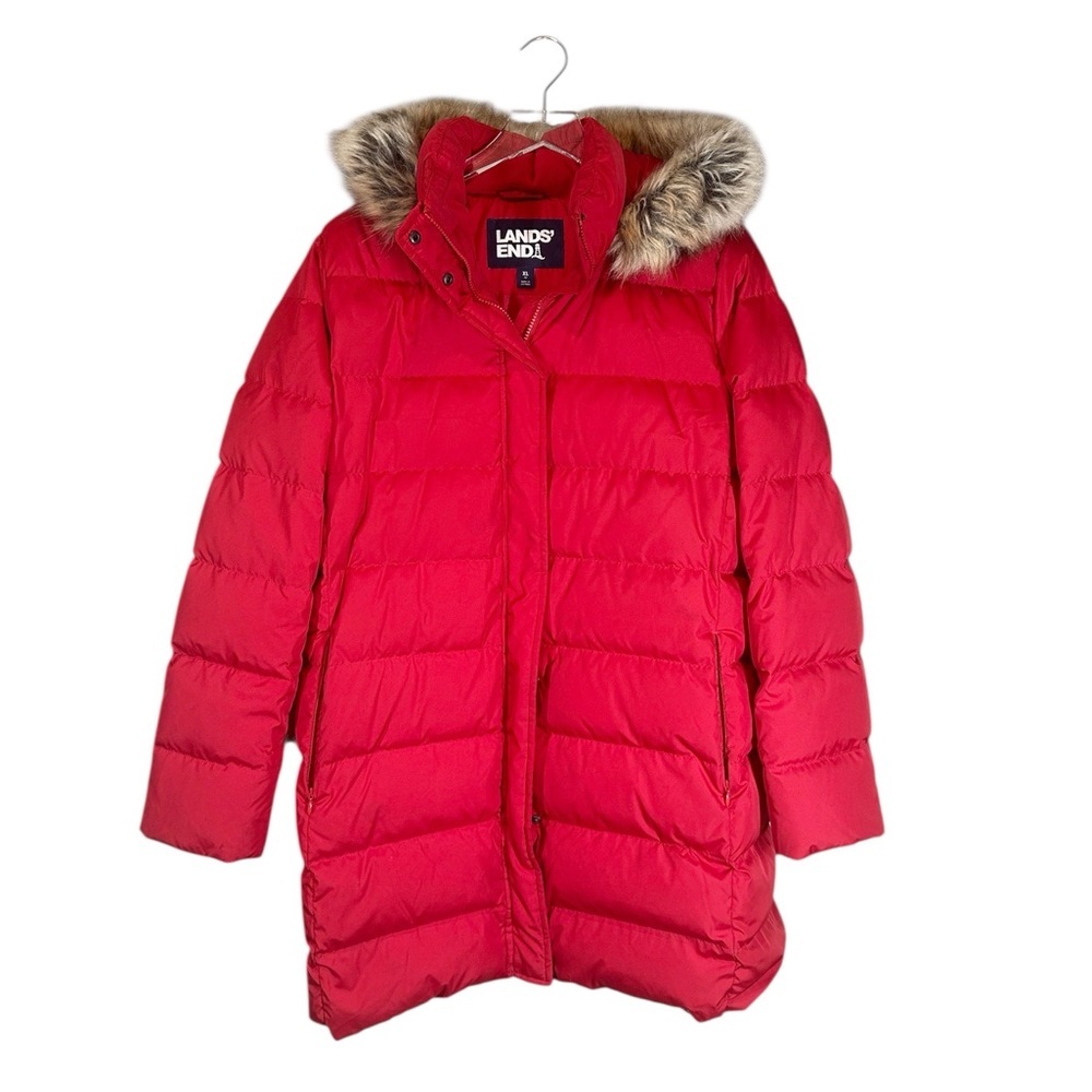 LAND’S END Women's XL Red Down Puffer Parka with Fur Lined Hood